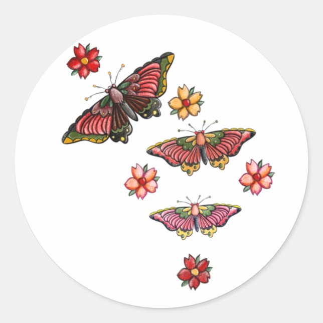Flowers and butterflys classic round sticker (Front)