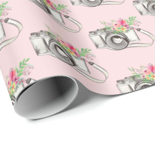 Flowers and Camera on Pink Wrapping Paper
