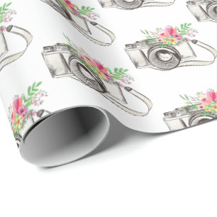 Flowers and Camera on White Wrapping Paper