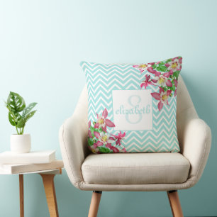 Flowers and Chevron Monogrammed Throw Pillow