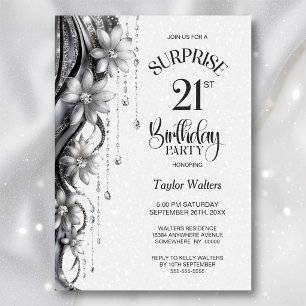 Flowers and Diamonds Surprise 21st Birthday Party Invitation