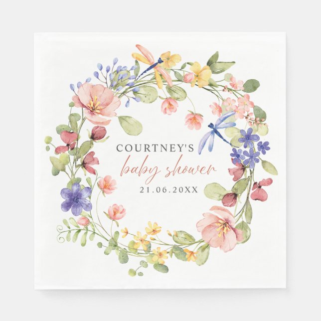 Flowers and Dragonflies Romantic Baby Shower Napkin (Front)