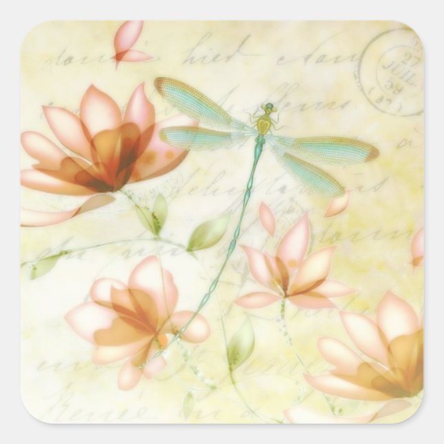 Flowers and dragonfly square sticker (Front)
