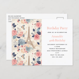 Flowers and Eiffel Tower Paris Pattern Birthday Invitation Postcard