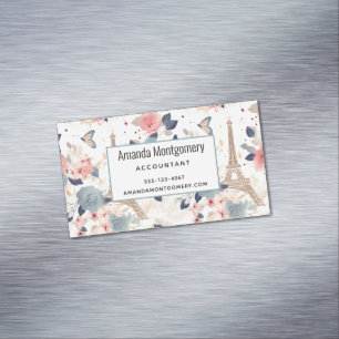 Flowers and Eiffel Tower Paris Pattern Magnetic Business Card