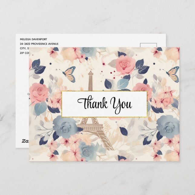 Flowers and Eiffel Tower Paris Pattern Thank You Postcard (Front/Back)