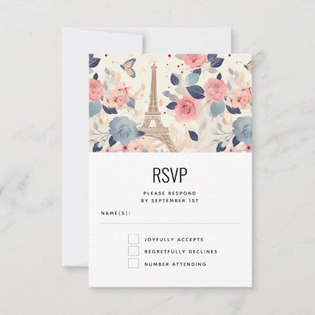 Flowers and Eiffel Tower Paris Pattern Wedding RSVP Card (Front)