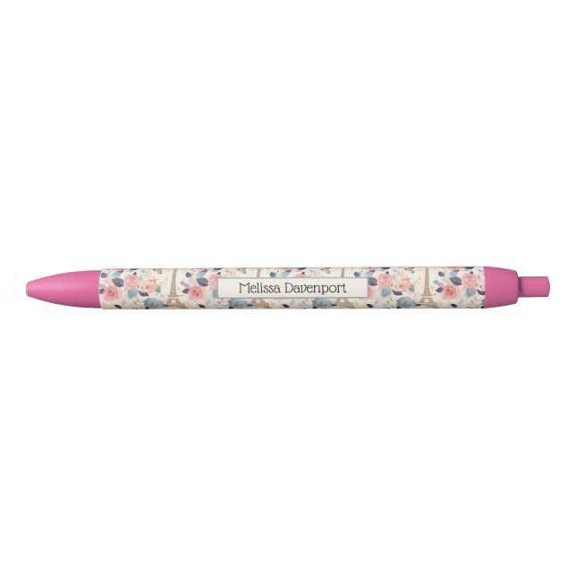 Flowers and Eiffel Tower Paris Travel Pattern Black Ink Pen (Front)