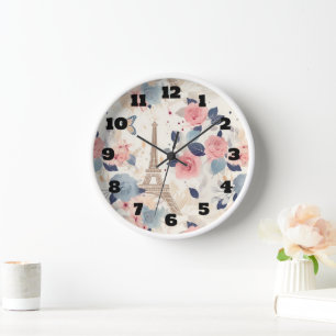 Flowers and Eiffel Tower Paris Travel Pattern Clock