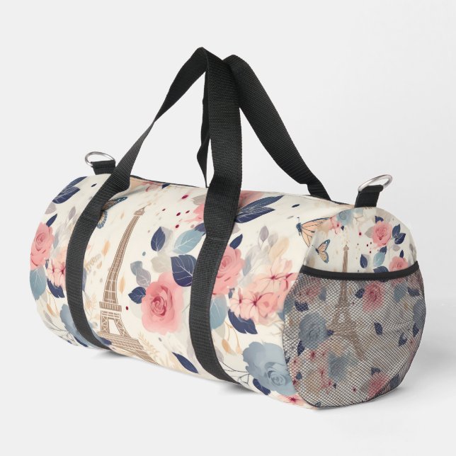 Flowers and Eiffel Tower Paris Travel Pattern Duffle Bag (Right Corner)
