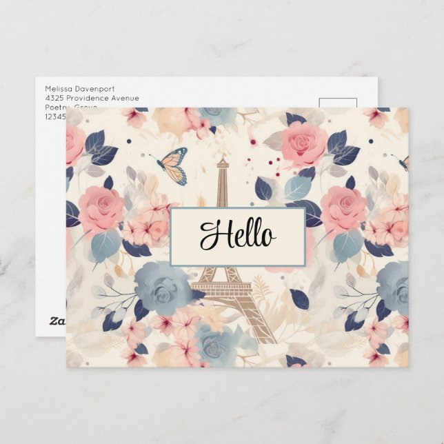 Flowers and Eiffel Tower Paris Travel Pattern Postcard (Front/Back)