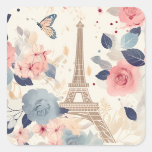 Flowers and Eiffel Tower Paris Travel Pattern Square Sticker