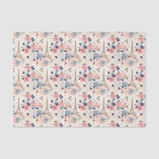 Flowers and Eiffel Tower Paris Travel Pattern Tissue Paper (Front)