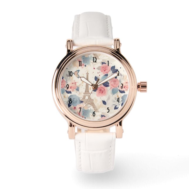 Flowers and Eiffel Tower Paris Travel Pattern Watch (Front)