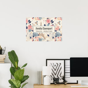 Flowers and Eiffel Tower Travel Pattern Business Poster