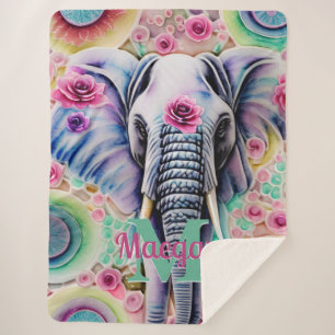 Flowers and Elephant Personalized Name Watercolor Sherpa Blanket