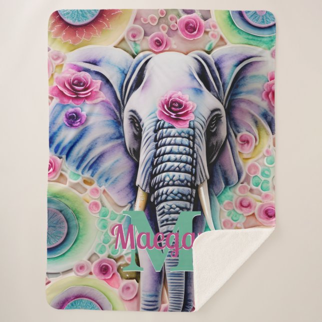 Flowers and Elephant Personalized Name Watercolor Sherpa Blanket (Front)