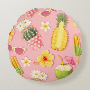 Flowers and exotic fruits vintage seamless pattern round pillow
