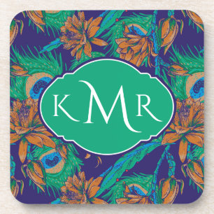 Flowers And Feathers Monogram Coaster