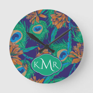 Flowers And Feathers Monogram Round Clock