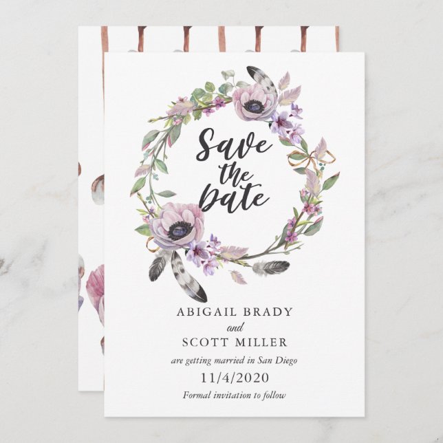 Flowers and Feathers Save the Date Invitation (Front/Back)