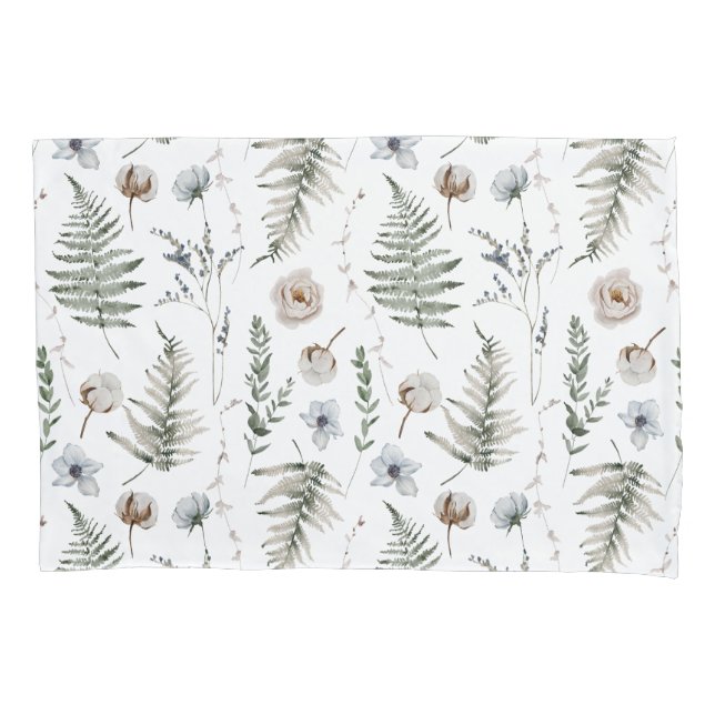 Flowers and Fern Leaves Forest Floral Botanical Pillowcase (Front)