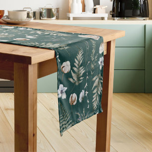 Flowers and Fern Leaves Forest Floral Botanical Short Table Runner