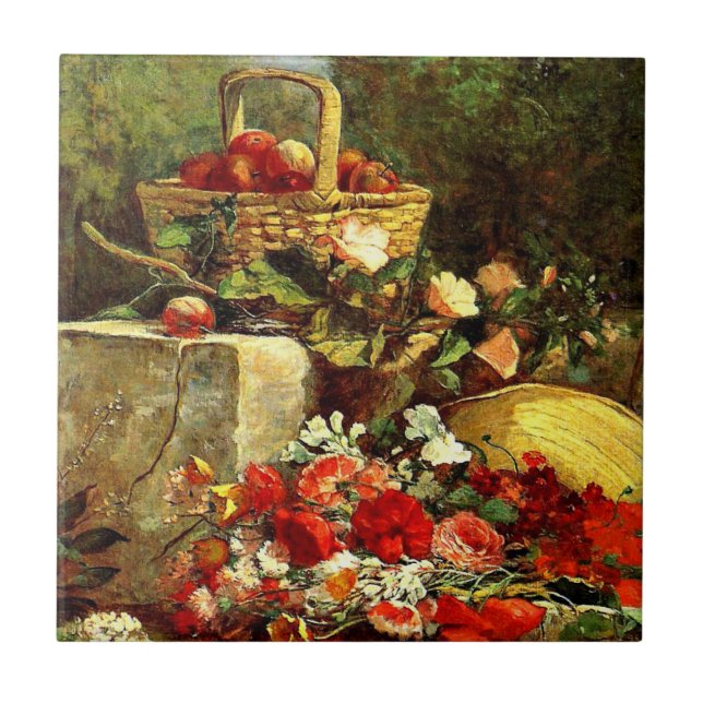 Flowers and Fruit in a Garden, Eugene Boudin art Tile (Front)