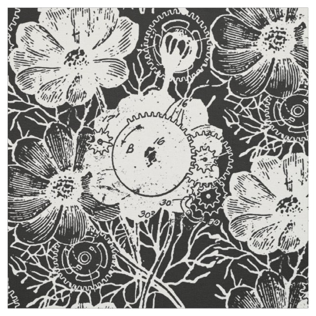 Flowers And Gears White Fabric (Swatch)