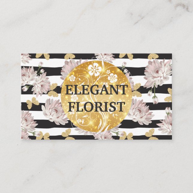 Flowers and Glitter Butterflies | Stripes Business Card (Front)