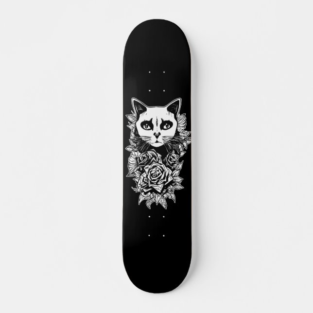 Flowers And Gothic Cat Skateboard (Front)