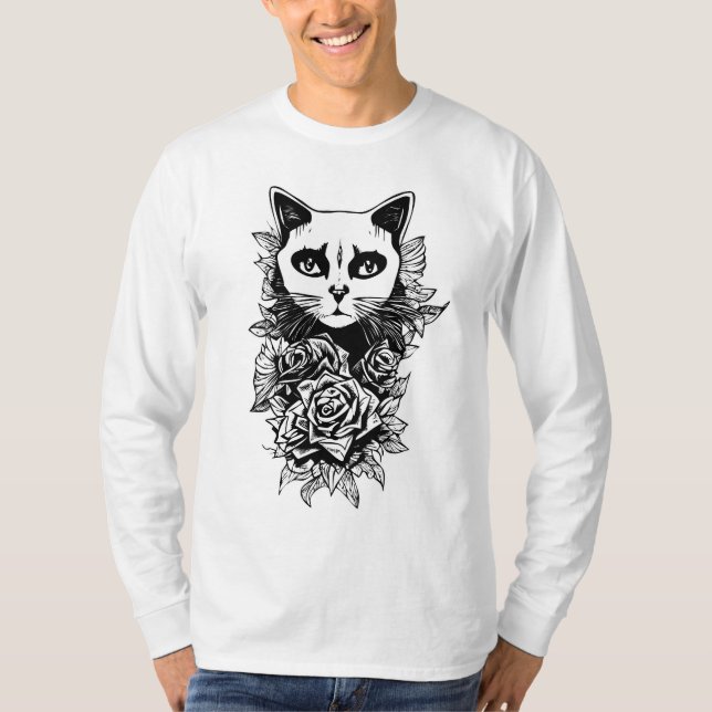 Flowers And Gothic Cat T-Shirt (Front)