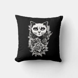 Flowers And Gothic Cat Throw Pillow