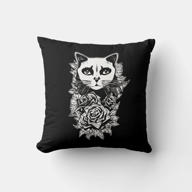 Flowers And Gothic Cat Throw Pillow (Front)