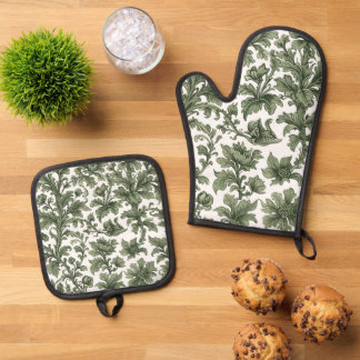 flowers and green leaves oven mitt & pot holder set