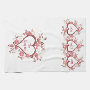 Flowers and Hearts Love Grows Here and Family Name Kitchen Towel