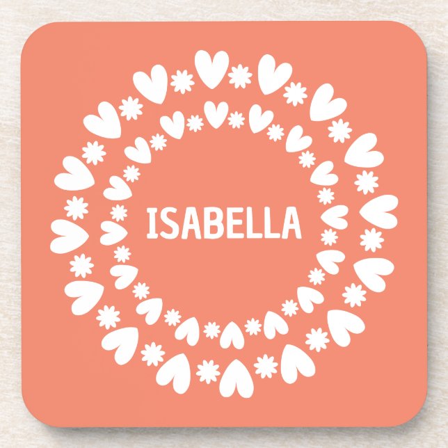 Flowers And Hearts Name Coaster (Front)