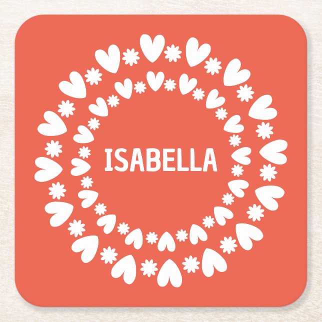 Flowers And Hearts Name Square Paper Coaster (Front)