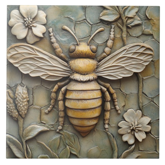 Flowers and Honey Bee Faux Relief Tile (Front)