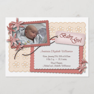 Flowers and Lace Pink Birth Announcements