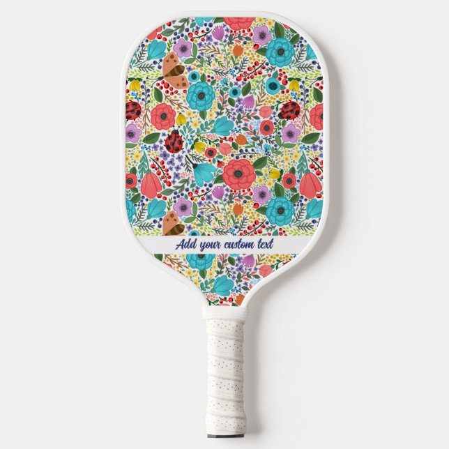 Flowers and Ladybugs Pattern Add Any Custom Text Pickleball Paddle (Front)