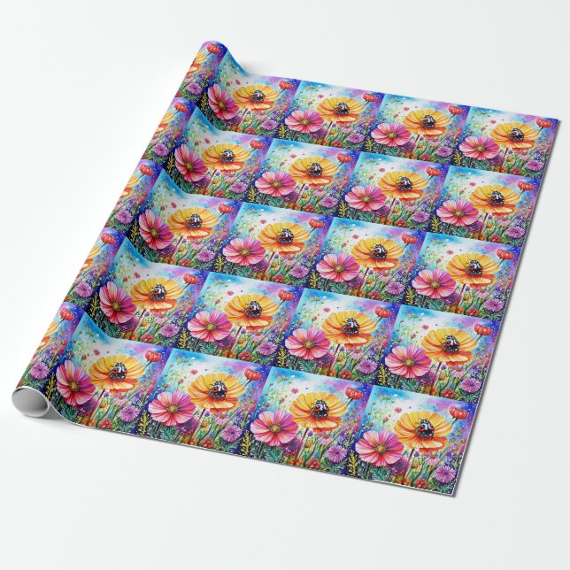Flowers and Ladybugs Wrapping Paper (Unrolled)