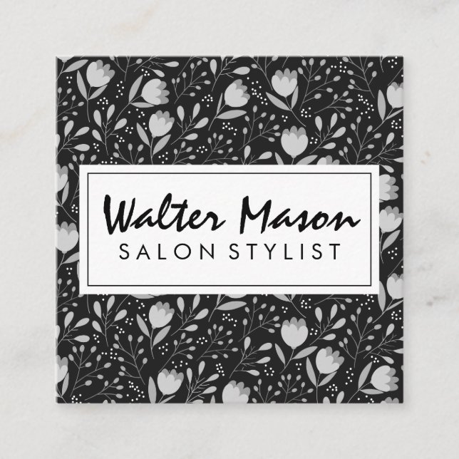Flowers and Leaves Decorative Pattern Square Business Card (Front)
