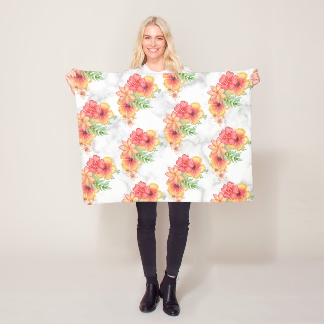 Flowers And Leaves On Marble Fleece Blanket (In Situ)
