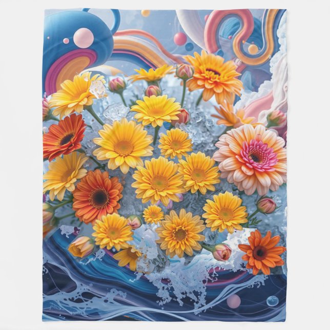 Flowers and Ocean Waves Fleece Blanket (Front)