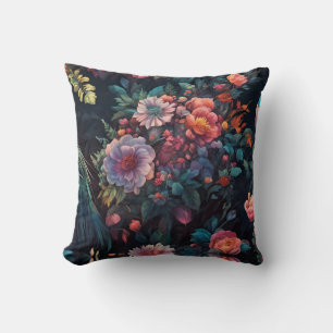 Flowers and Peacocks In a Colorful Garden Throw Pillow