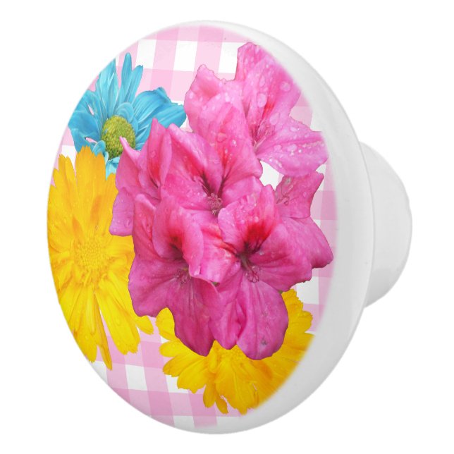 Flowers and Pink Gingham Ceramic Knob (Right)