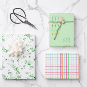Flowers and Plaid Spring Assorted Wrapping Paper Sheet