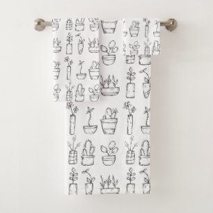 Flowers and Plants Line Drawings Pattern Bath Towel Set