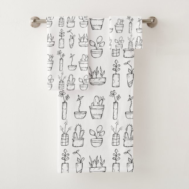 Flowers and Plants Line Drawings Pattern Bath Towel Set (Insitu)